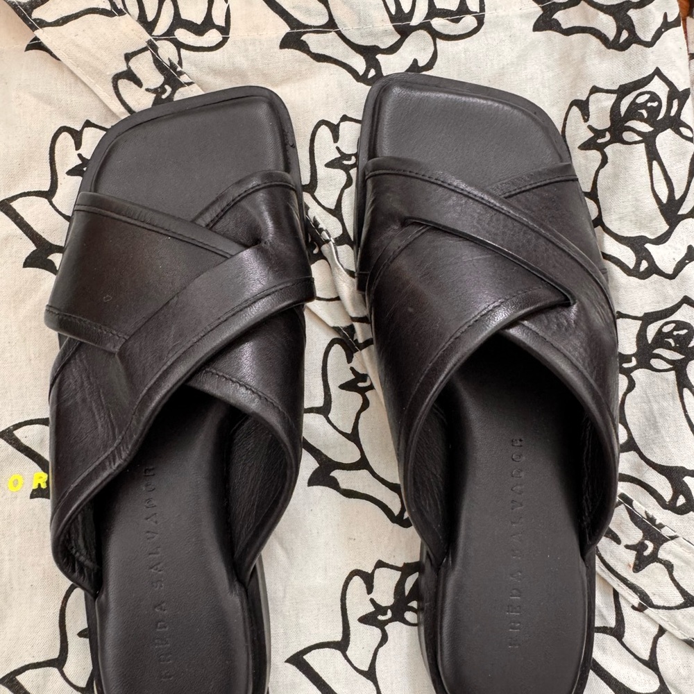 Freda Salvador Black Leather Crisscross Slide Sandals